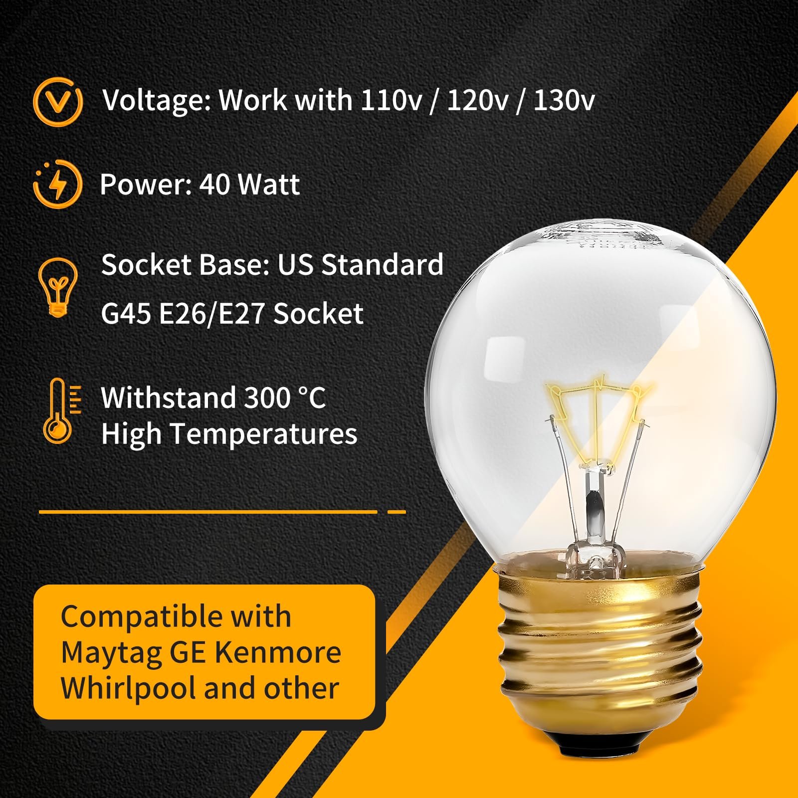 oven light bulb 40 watt appliance bulb for maytag ge kenmore whirlpool oven/stove/range hood/microwave/refrigerator, g45 e26/e27 socket, medium brass lead, high temp 4 pack