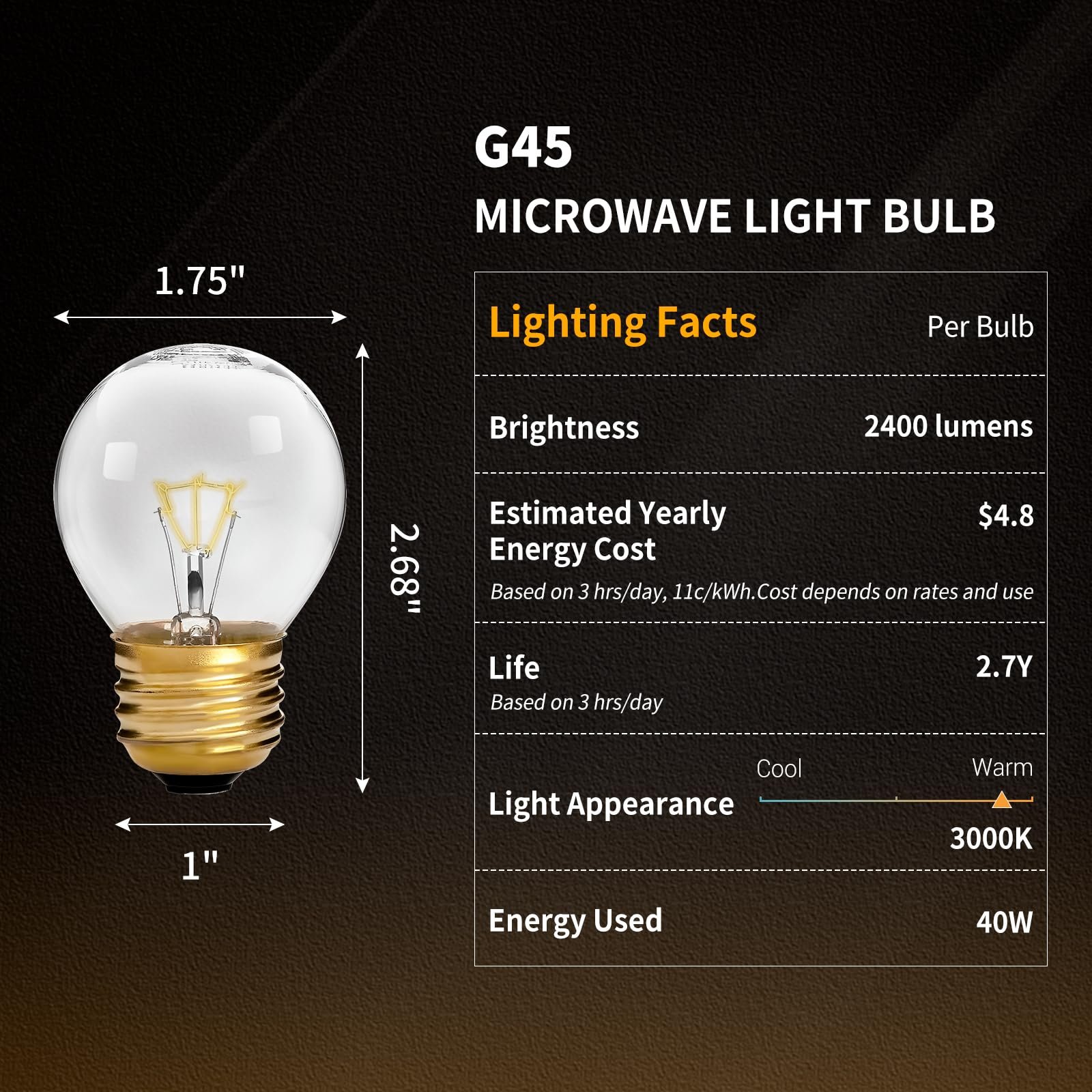 oven light bulb 40 watt appliance bulb for maytag ge kenmore whirlpool oven/stove/range hood/microwave/refrigerator, g45 e26/e27 socket, medium brass lead, high temp 4 pack